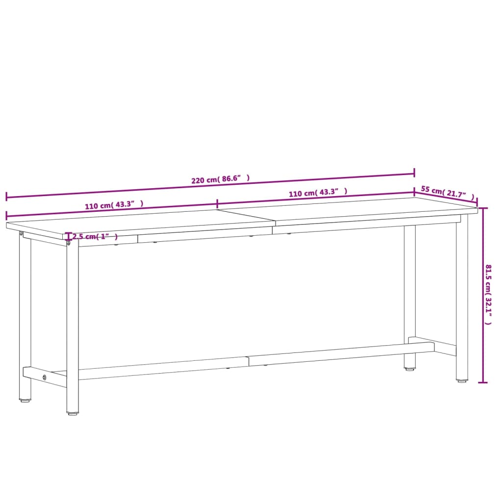 Arbeidsbenk 220x55x81,5 cm heltre bøk og metall