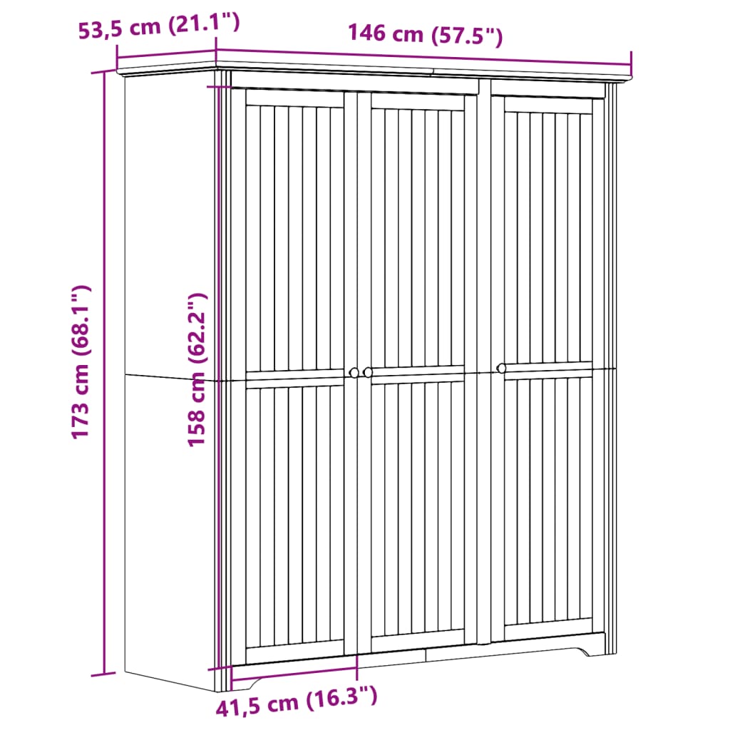 Garderobe BODO hvit 146x53,5x173 cm heltre furu