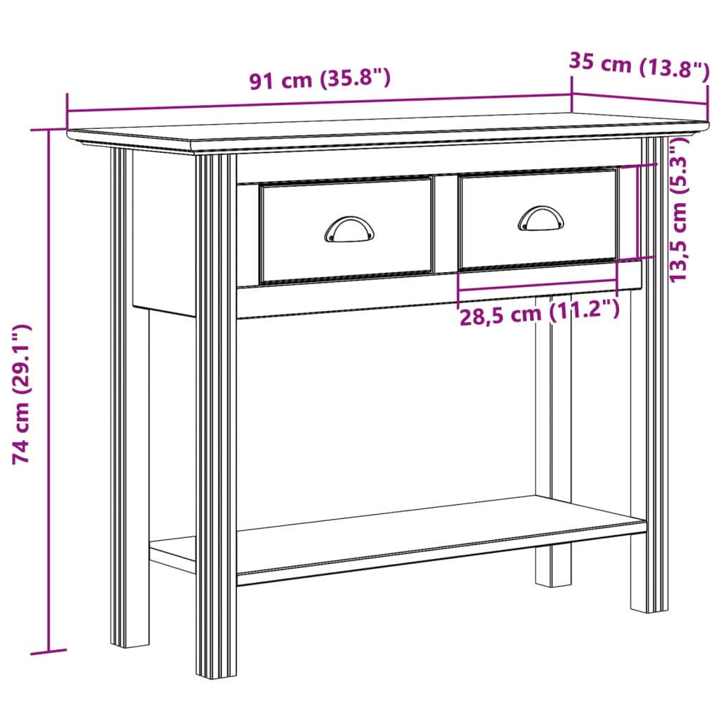 Konsollbord BODO brun 91x35x74 cm heltre furu