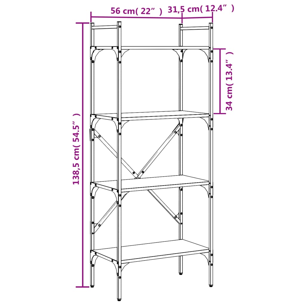 Bokhylle 4 etasjer svart 56x31,5x138,5 cm konstruert tre