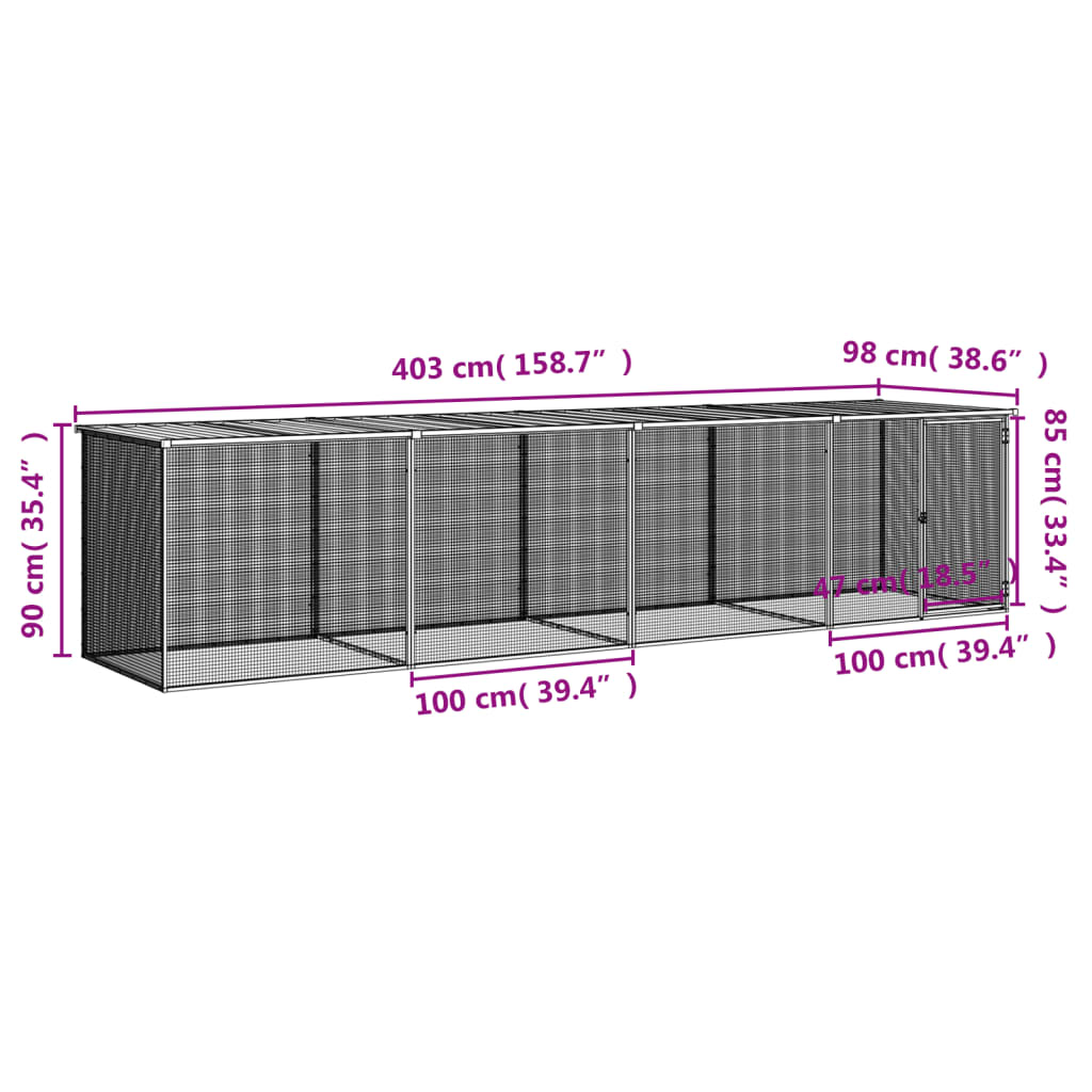 Kyllingbur med tak lysegrå 403x98x90 cm galvanisert stål vidaXL