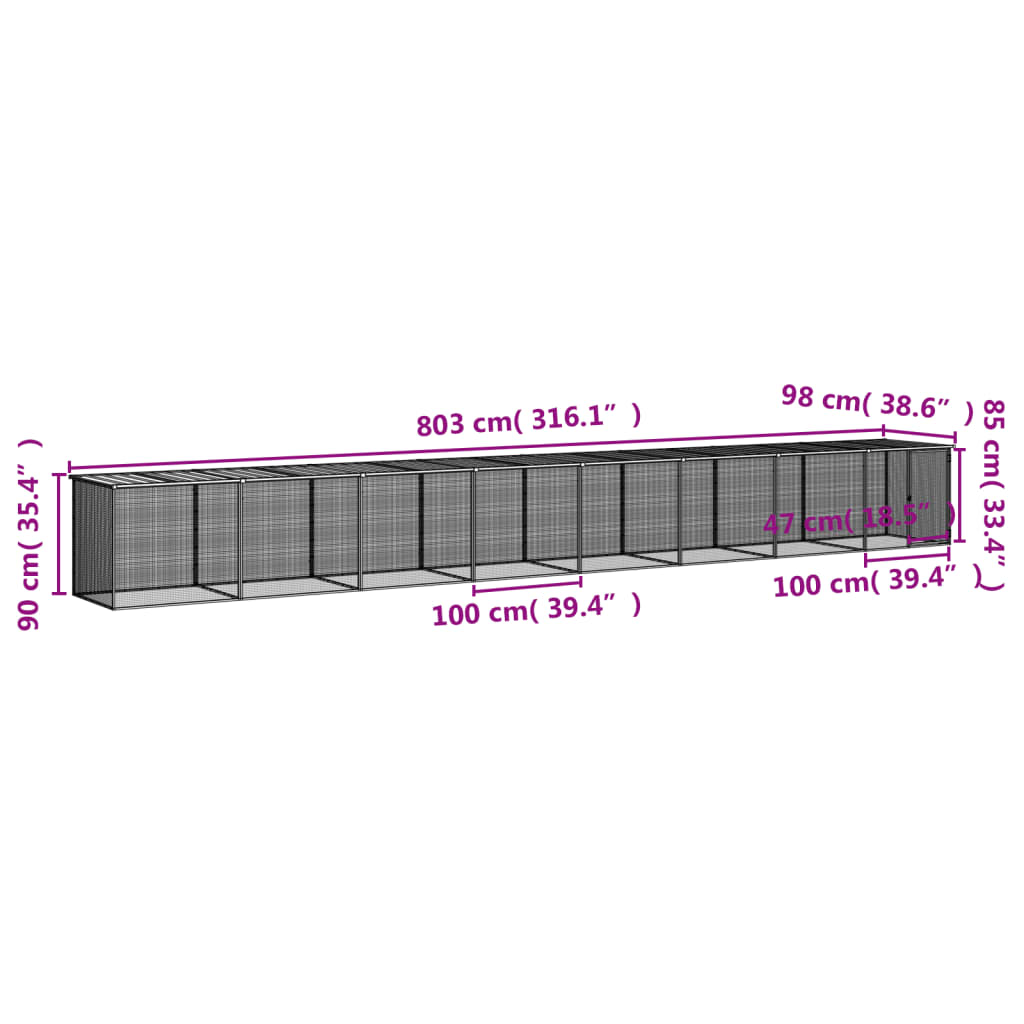 Kyllingbur med tak lysegrå 803x98x90 cm galvanisert stål vidaXL
