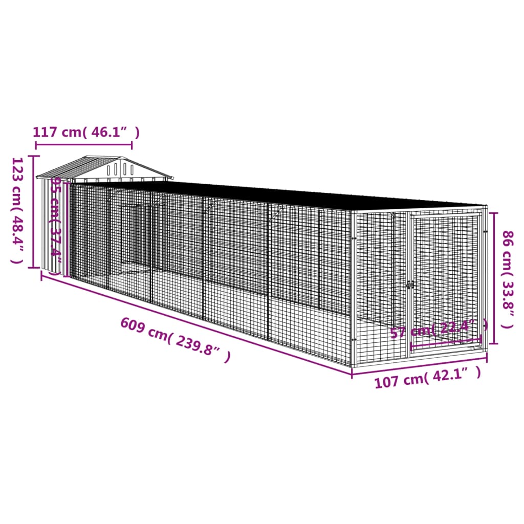 Hønsebur med gård antrasitt 117x609x123 cm galvanisert stål