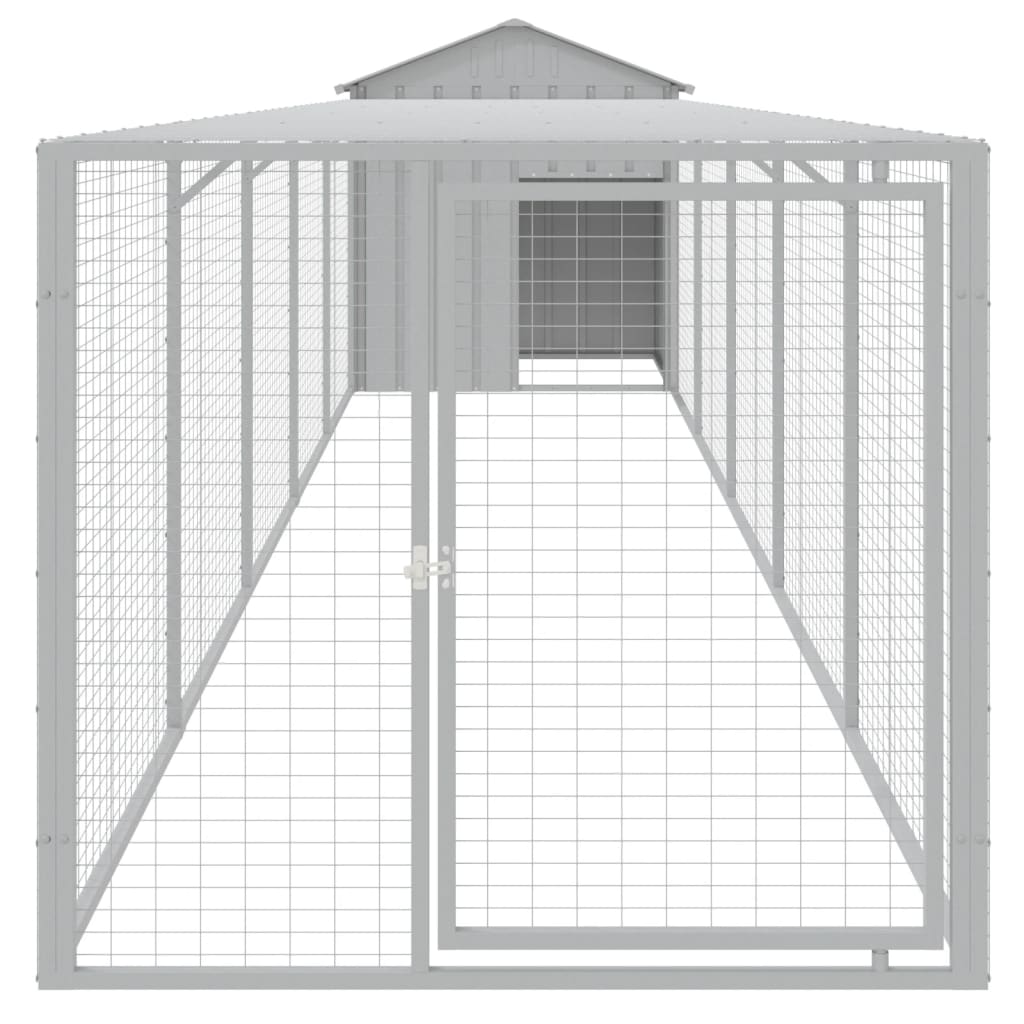 Hønsebur med gård lysegrå 117x609x123 cm galvanisert stål