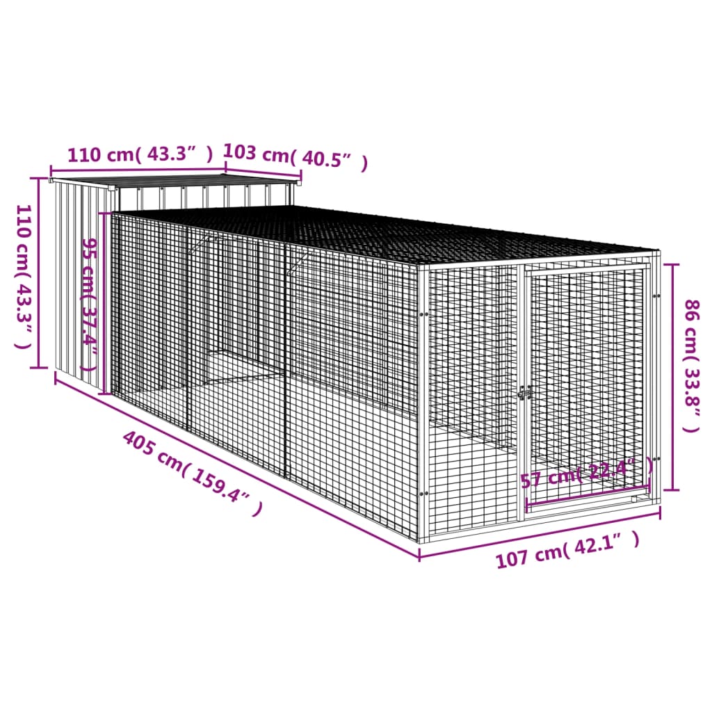 Hønsebur med gård antrasitt 110x405x110 cm galvanisert stål