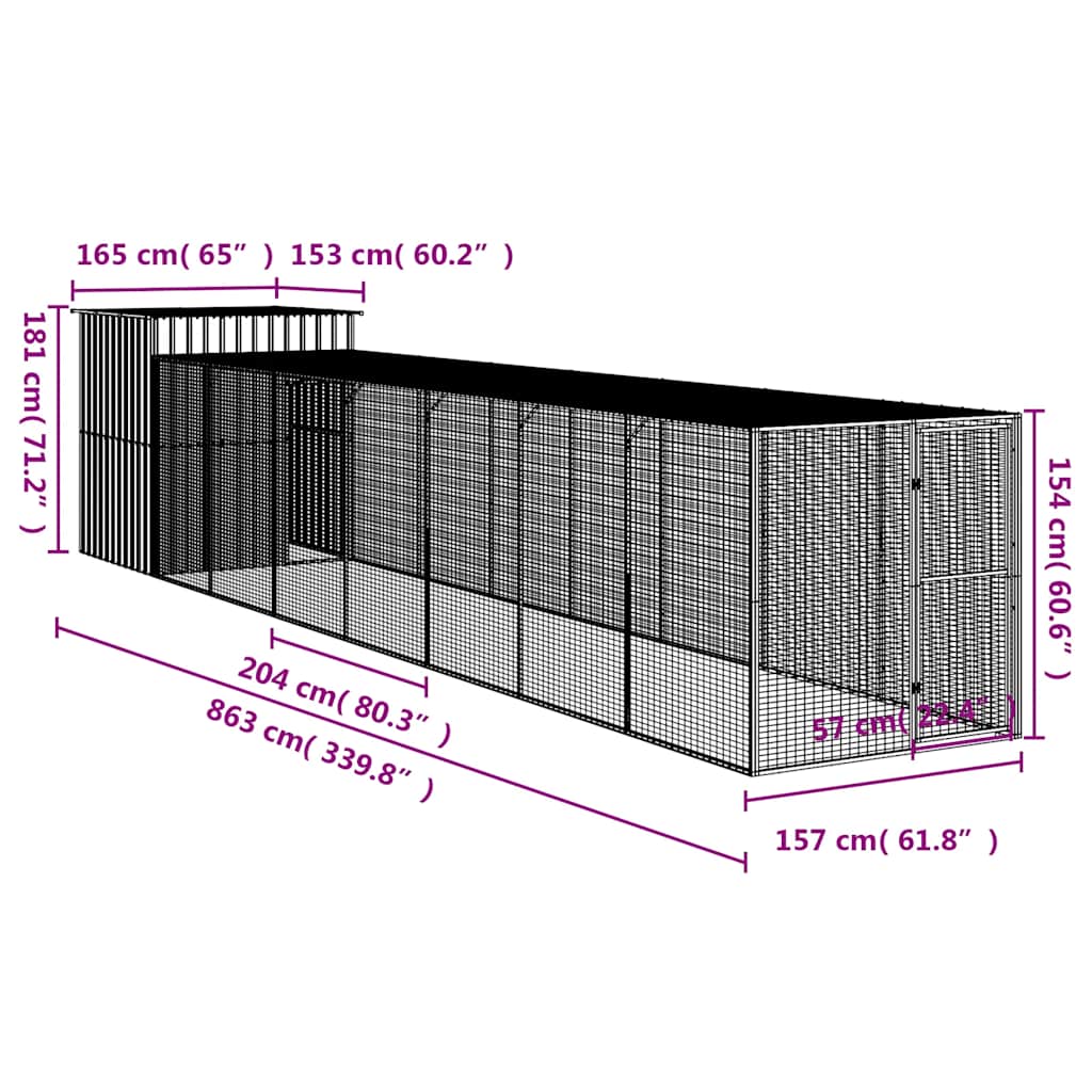 Hønsebur med gård antrasitt 165x863x181 cm galvanisert stål