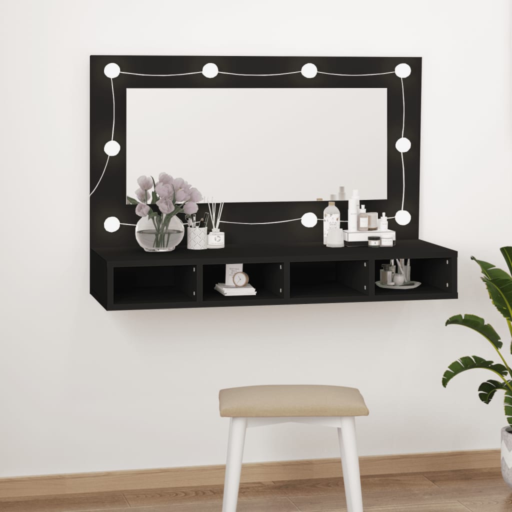 Speilskap med LED svart 90x31,5x62 cm