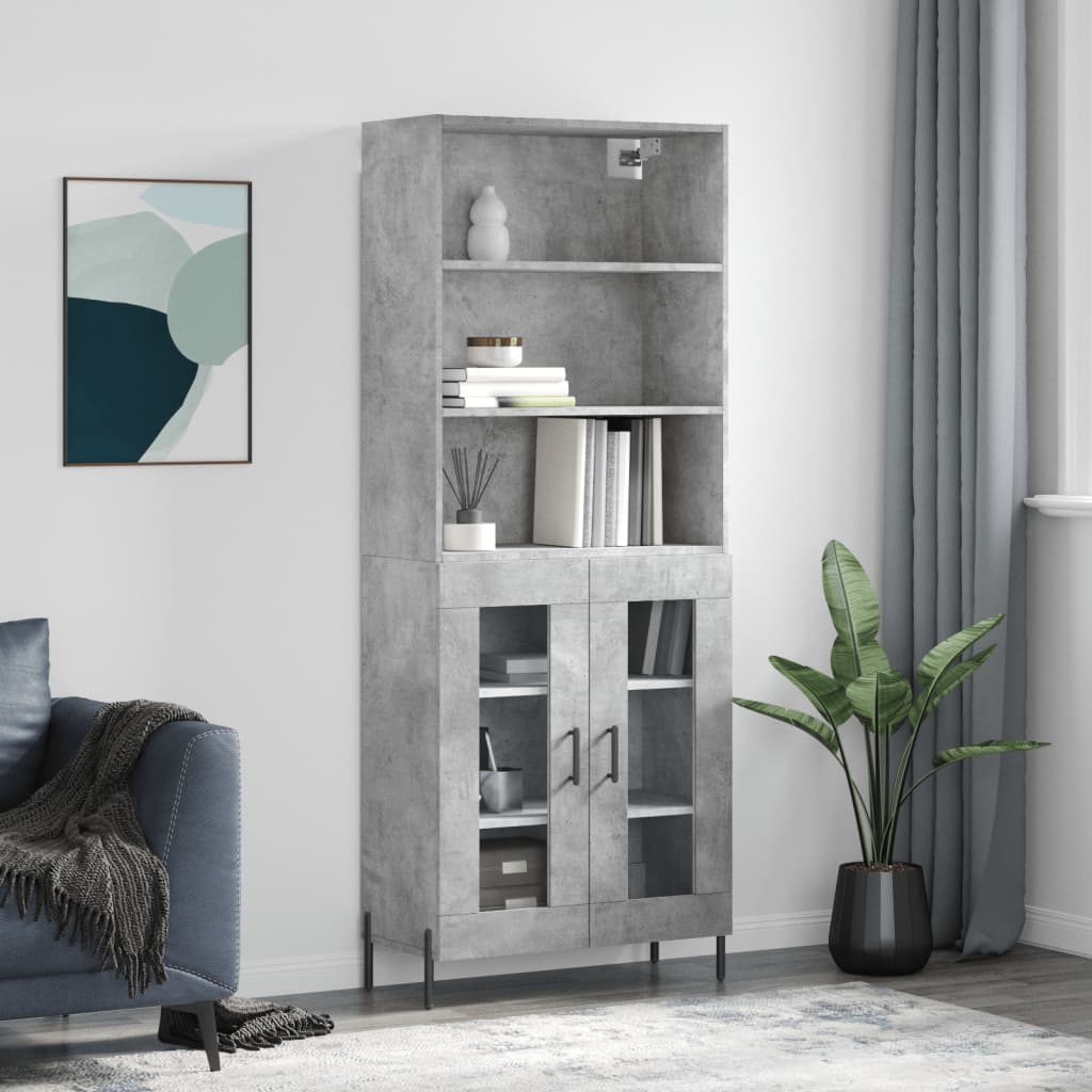 Highboard betonggrå 69,5x34x180 cm konstruert tre