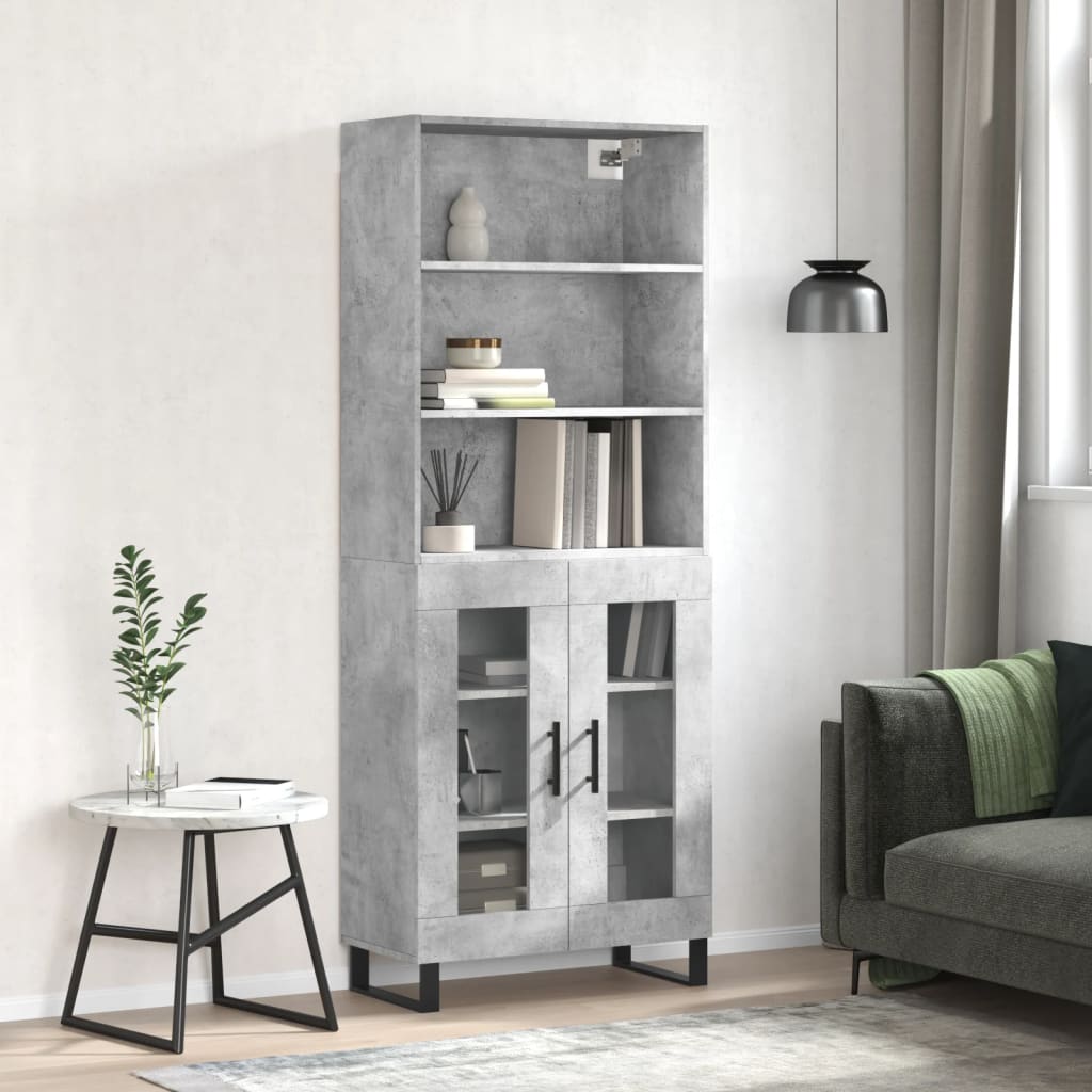 Highboard betonggrå 69,5x34x180 cm konstruert tre