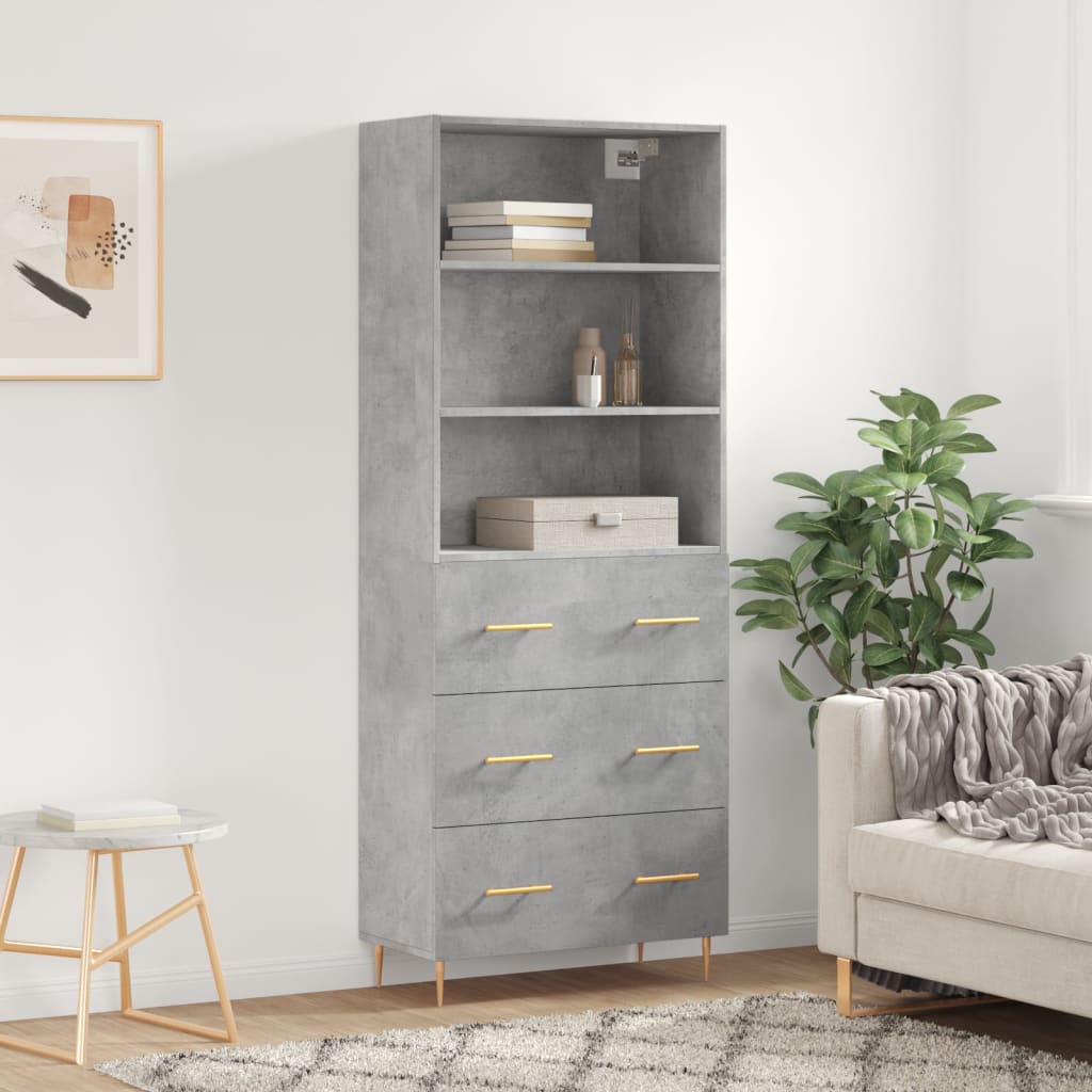 Highboard betonggrå 69,5x34x180 cm konstruert tre