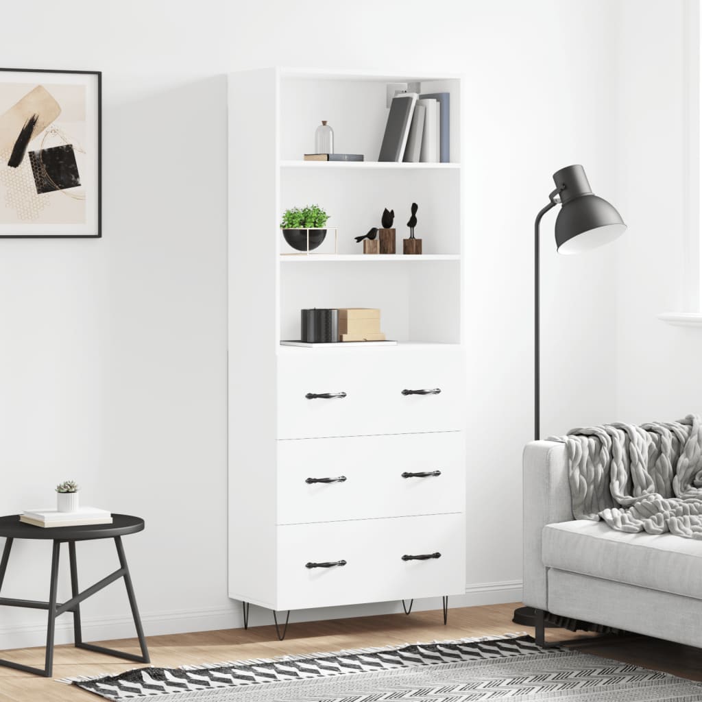Highboard hvit 69,5x34x180 cm konstruert tre