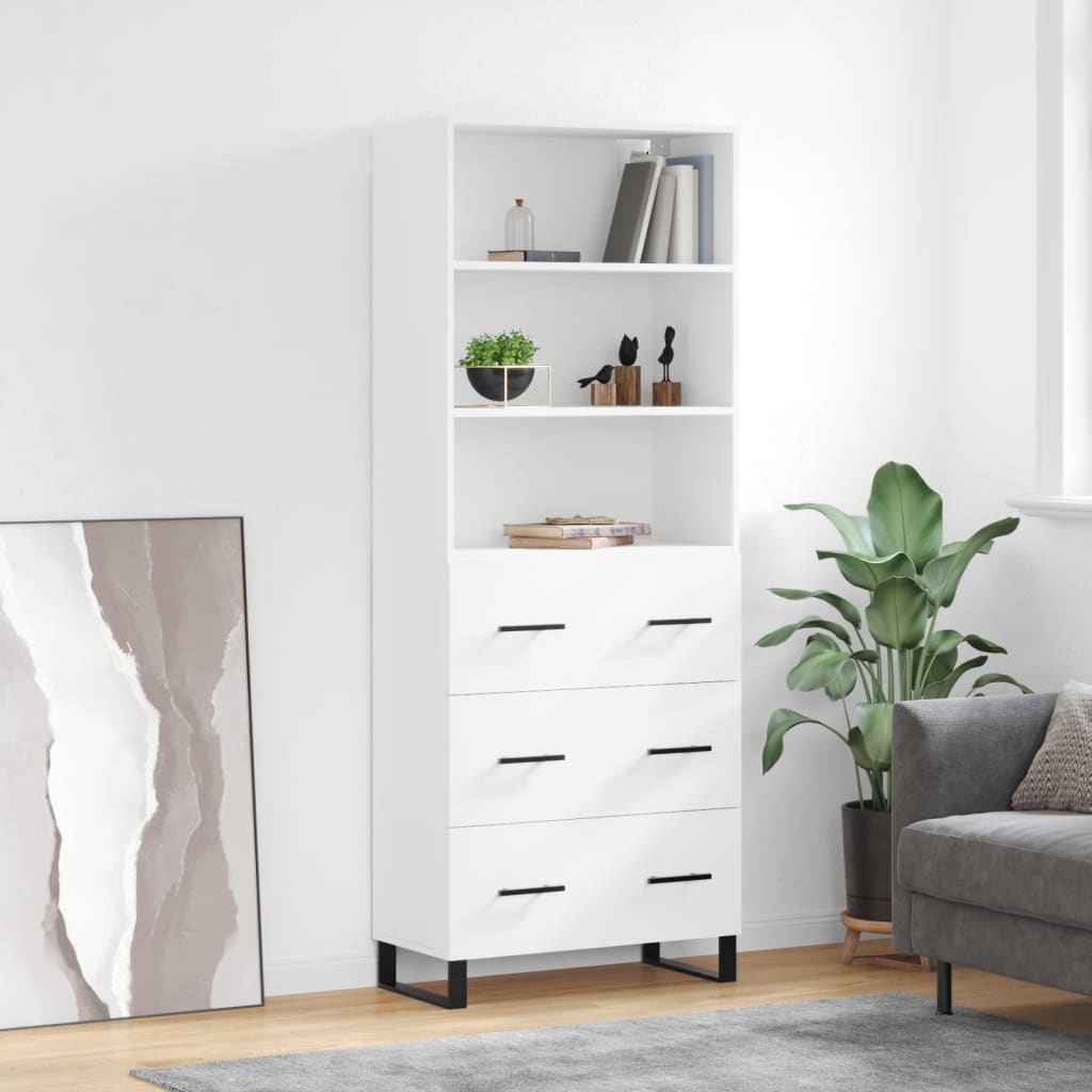 Highboard hvit 69,5x34x180 cm konstruert tre