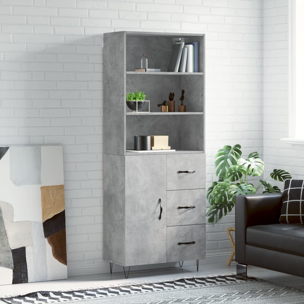 Highboard betonggrå 69,5x34x180 cm konstruert tre
