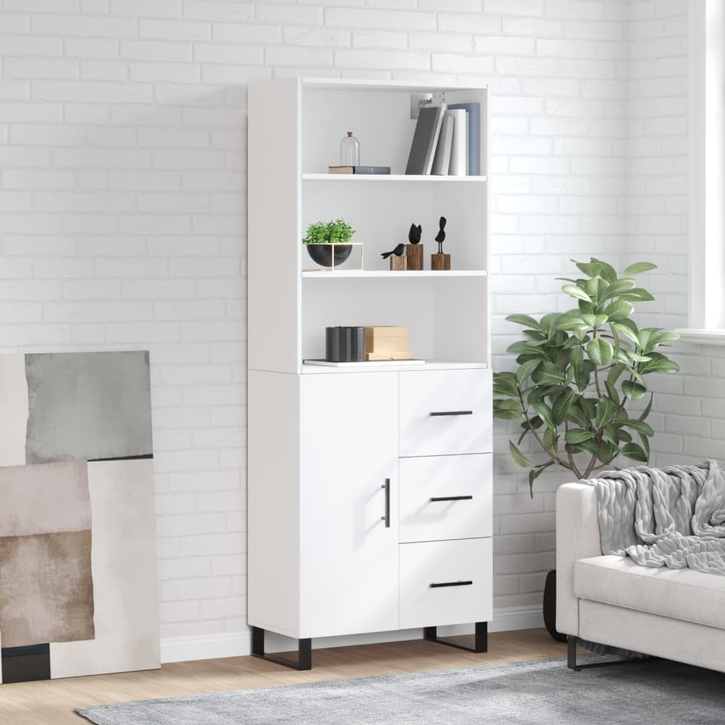 Highboard hvit 69,5x34x180 cm konstruert tre