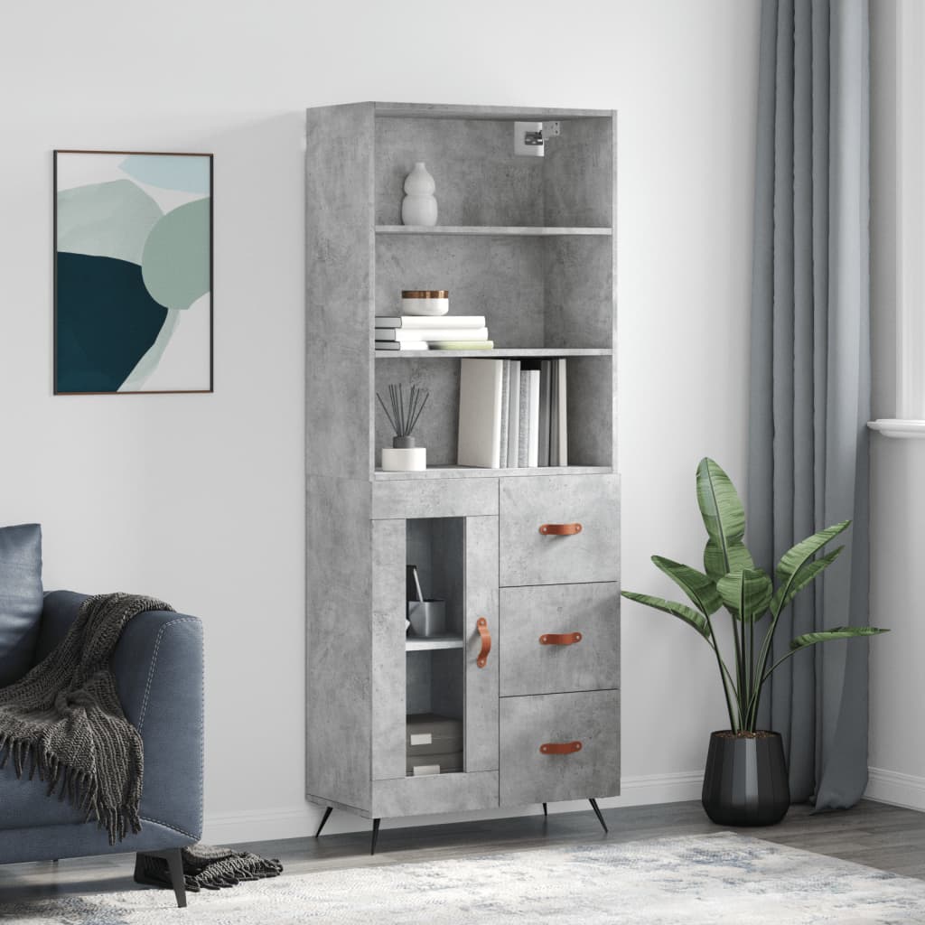Highboard betonggrå 69,5x34x180 cm konstruert tre