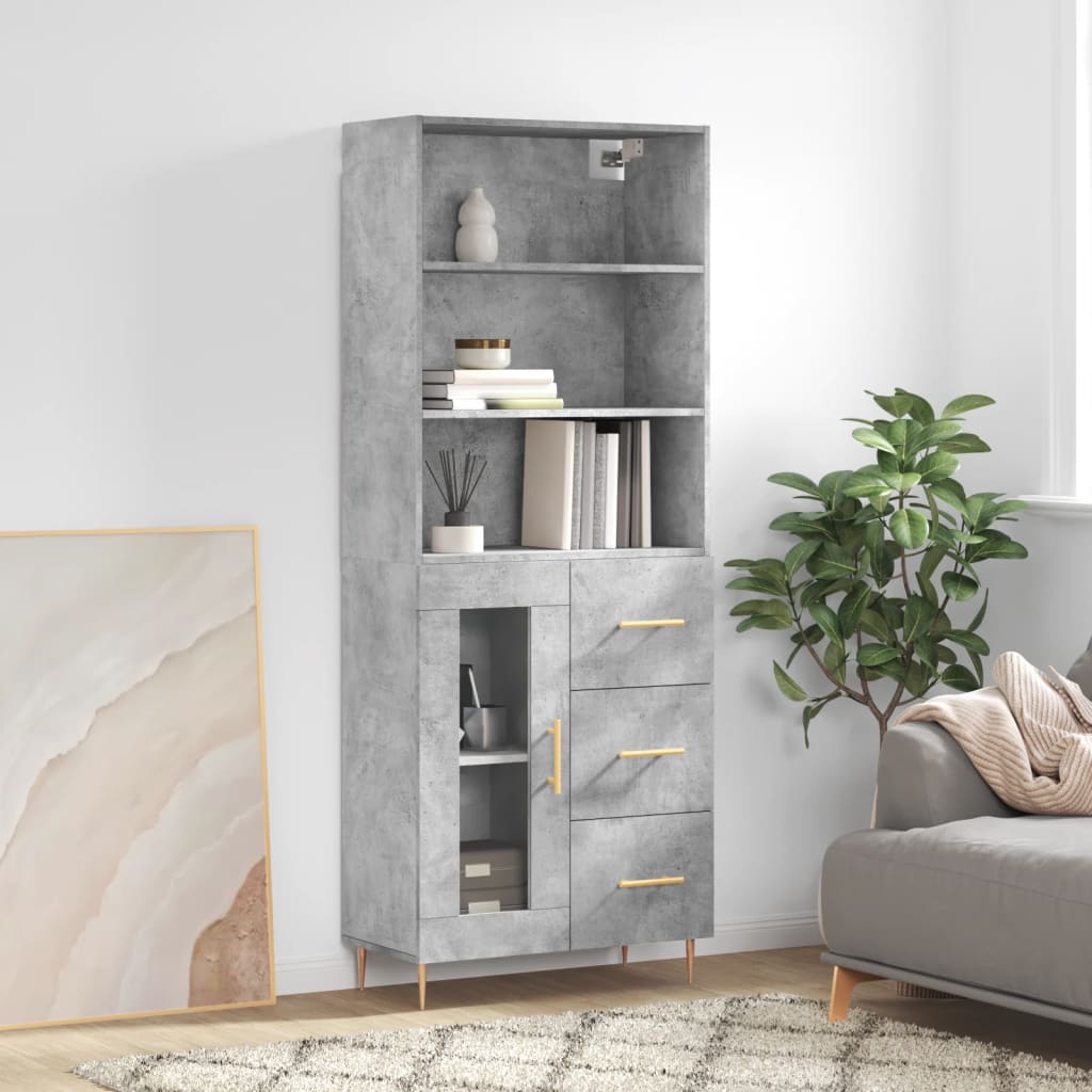Highboard betonggrå 69,5x34x180 cm konstruert tre