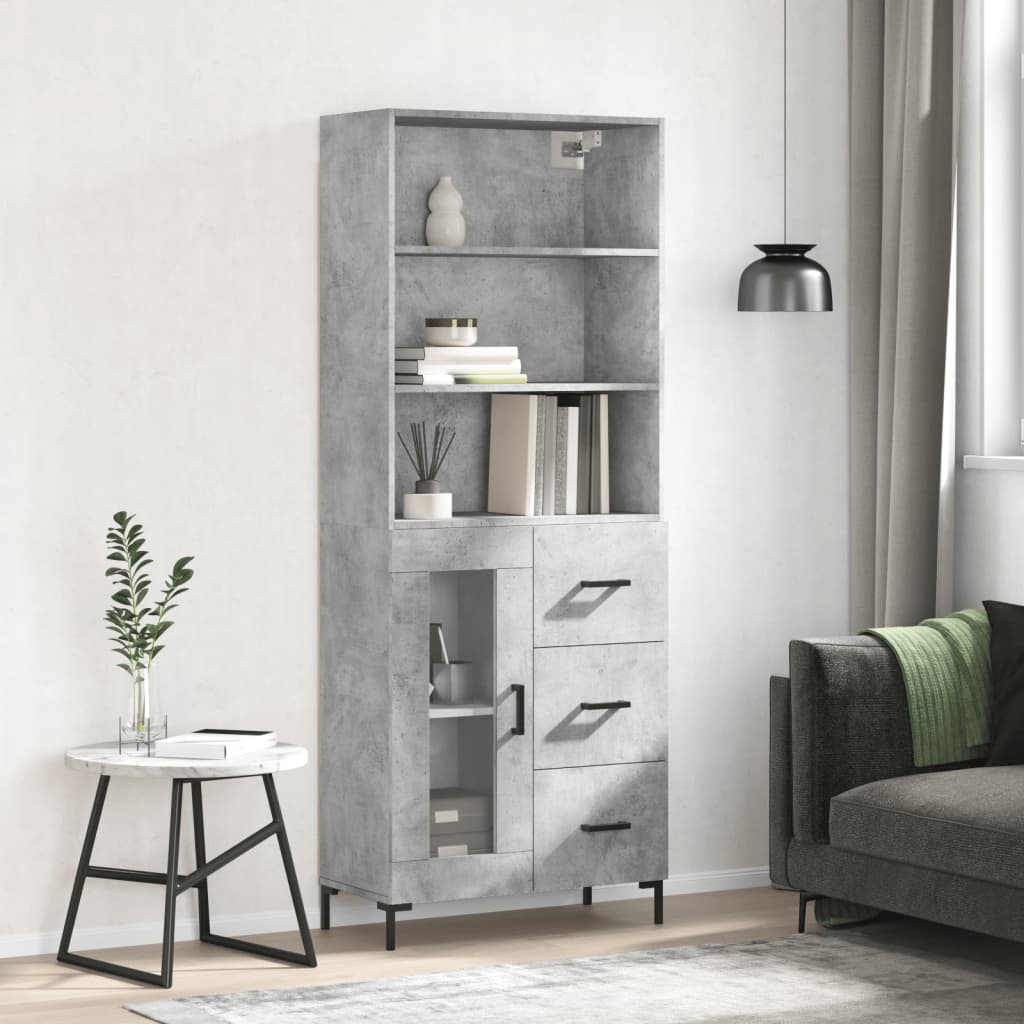 Highboard betonggrå 69,5x34x180 cm konstruert tre