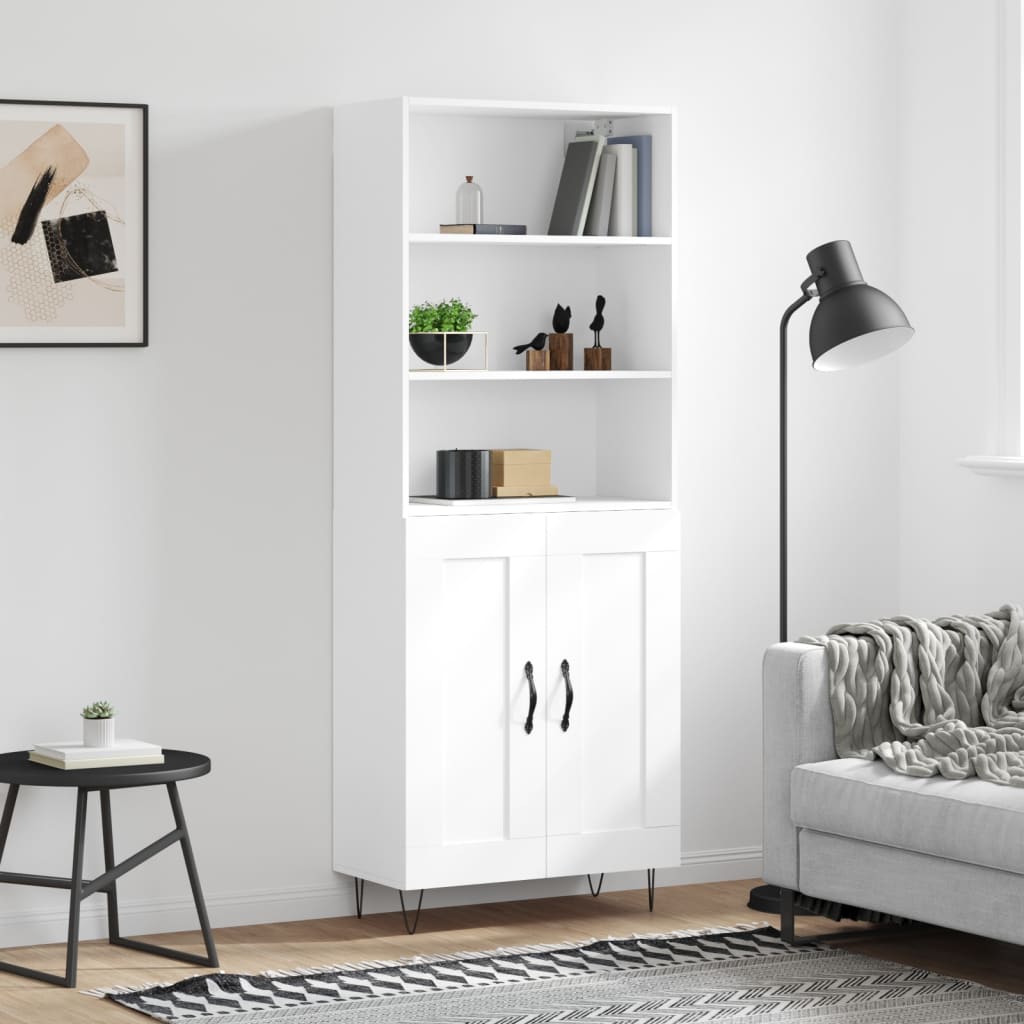 Highboard hvit 69,5x34x180 cm konstruert tre
