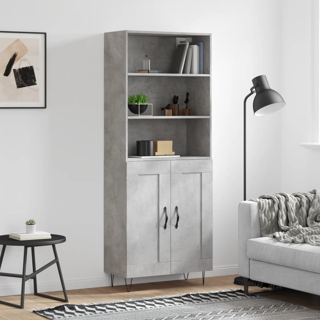 Highboard betonggrå 69,5x34x180 cm konstruert tre