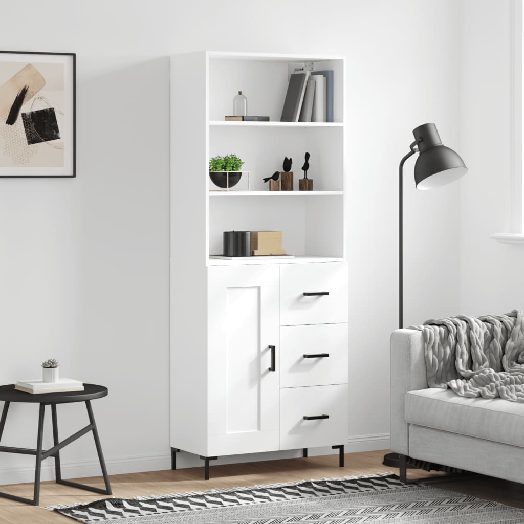 Highboard hvit 69,5x34x180 cm konstruert tre