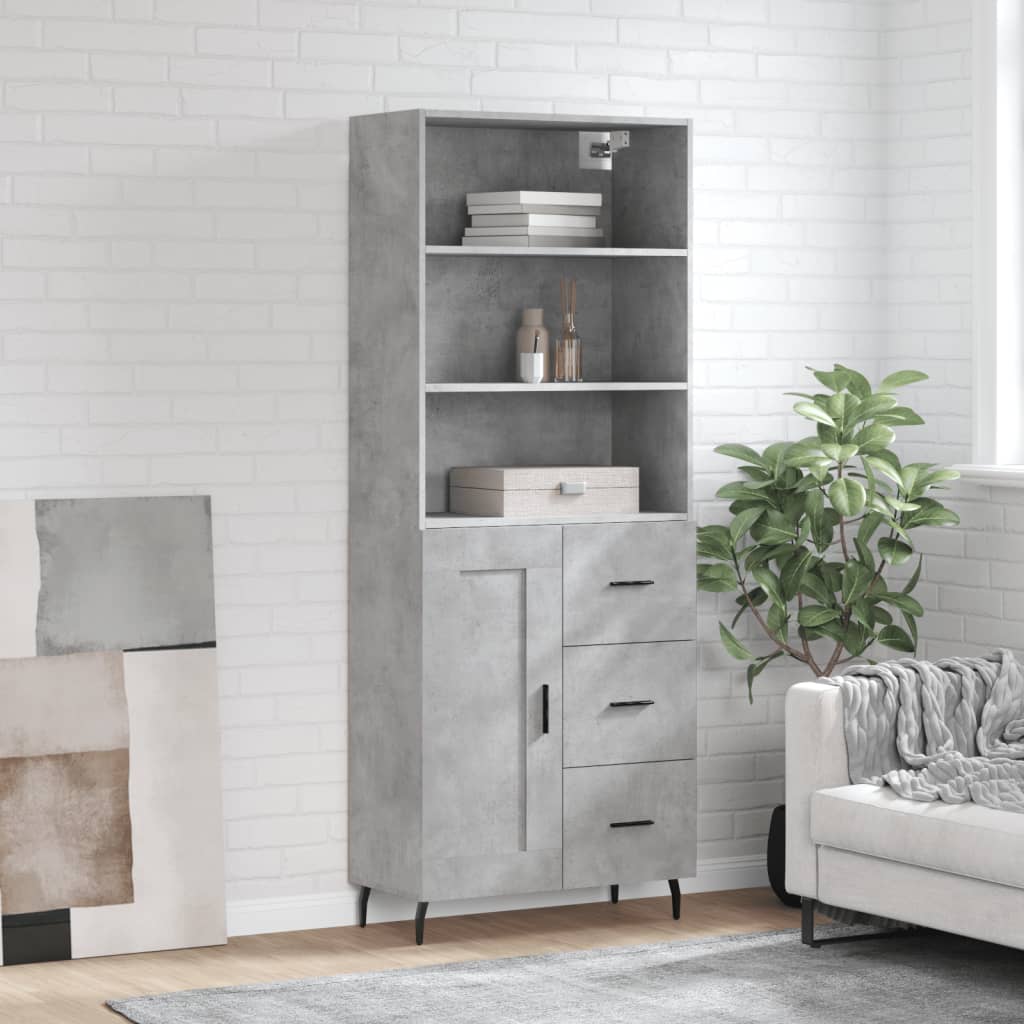 Highboard betonggrå 69,5x34x180 cm konstruert tre