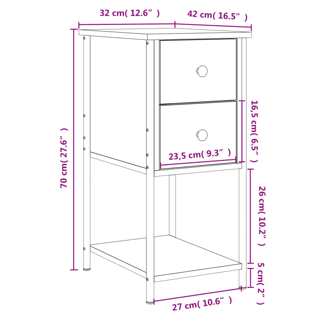 Nattbord svart 32x42x70 cm konstruert tre