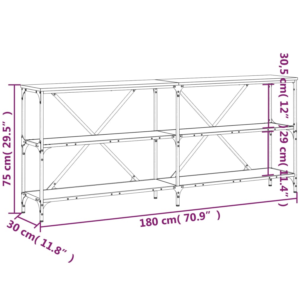 Salongbord røkt eik 180x30x75 cm konstruert tre og jern