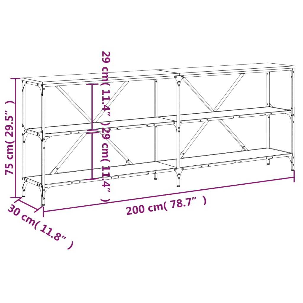 Konsollbord svart 200x30x75 cm konstruert tre og jern