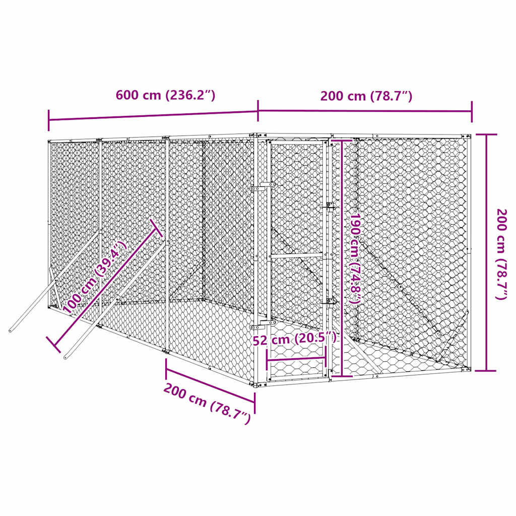 Utendørs hundekennel sølv 2x6x2 m galvanisert stål