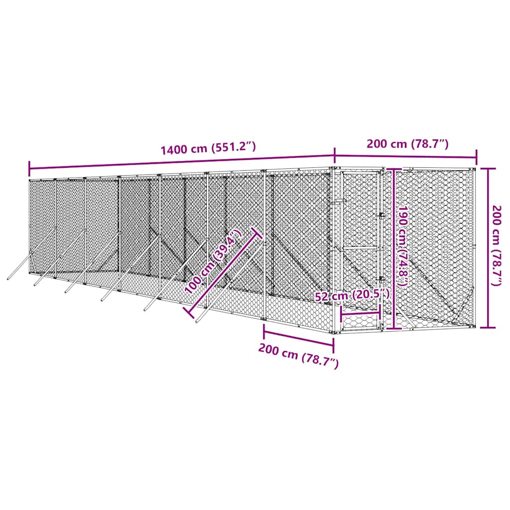 Utendørs hundekennel sølv 2x14x2 m galvanisert stål