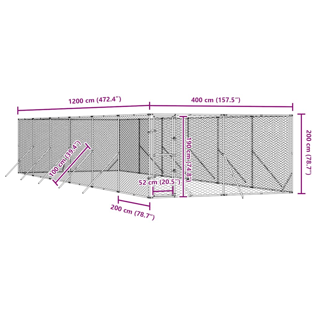 Utendørs hundekennel sølv 4x12x2 m galvanisert stål