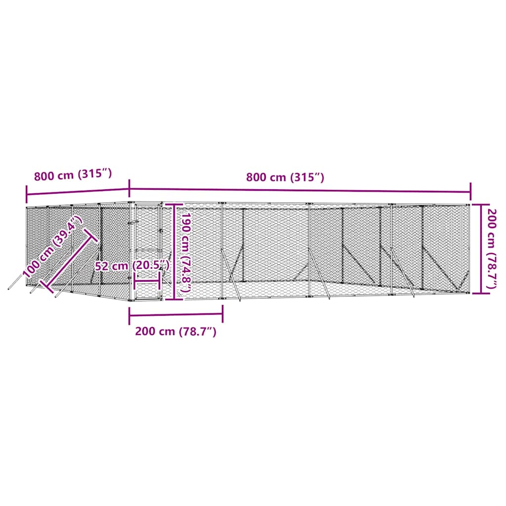 Utendørs hundekennel sølv 8x8x2 m galvanisert stål
