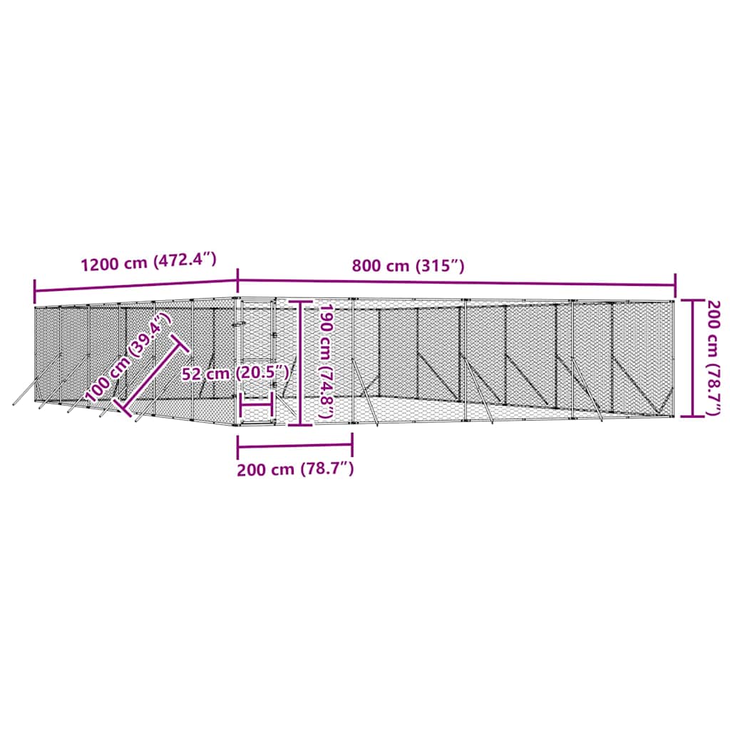 Utendørs hundekennel sølv 8x12x2 m galvanisert stål