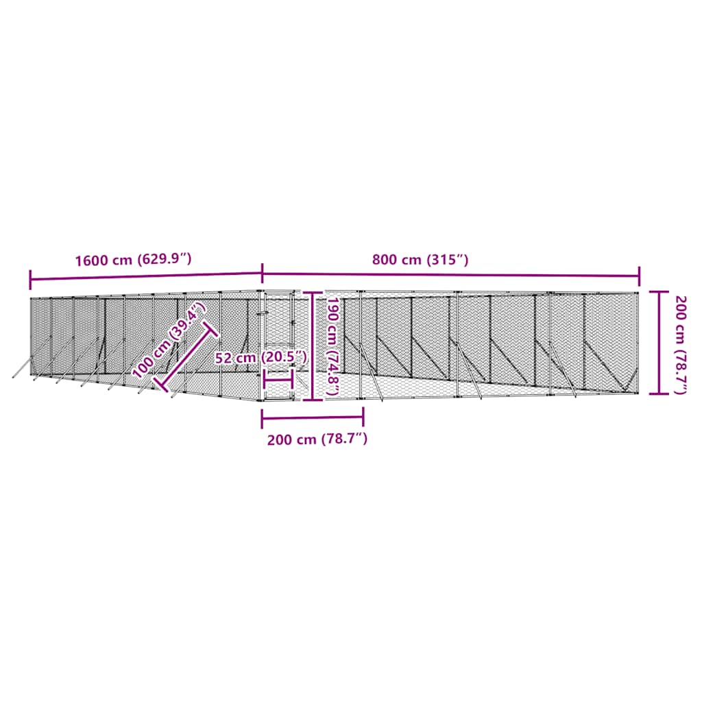 Utendørs hundekennel sølv 8x16x2 m galvanisert stål