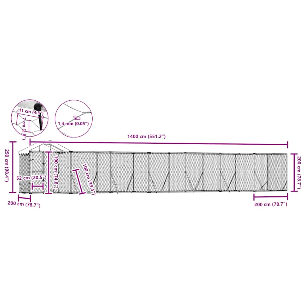 Utendørs hundekennel sølv 14x2x2,5 m galvanisert stål