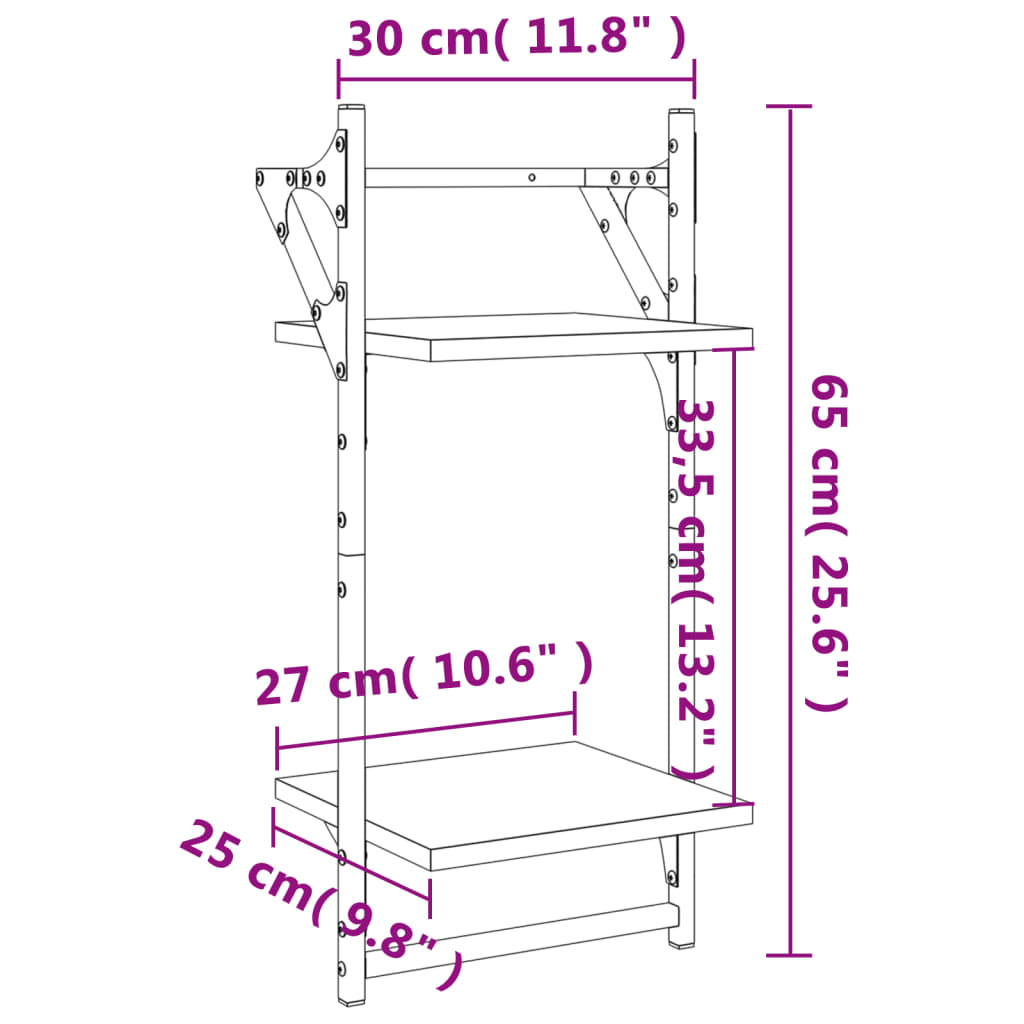 Vegghyller med 2 hyller stenger 2 stk sonoma eik 30x25x65 cm