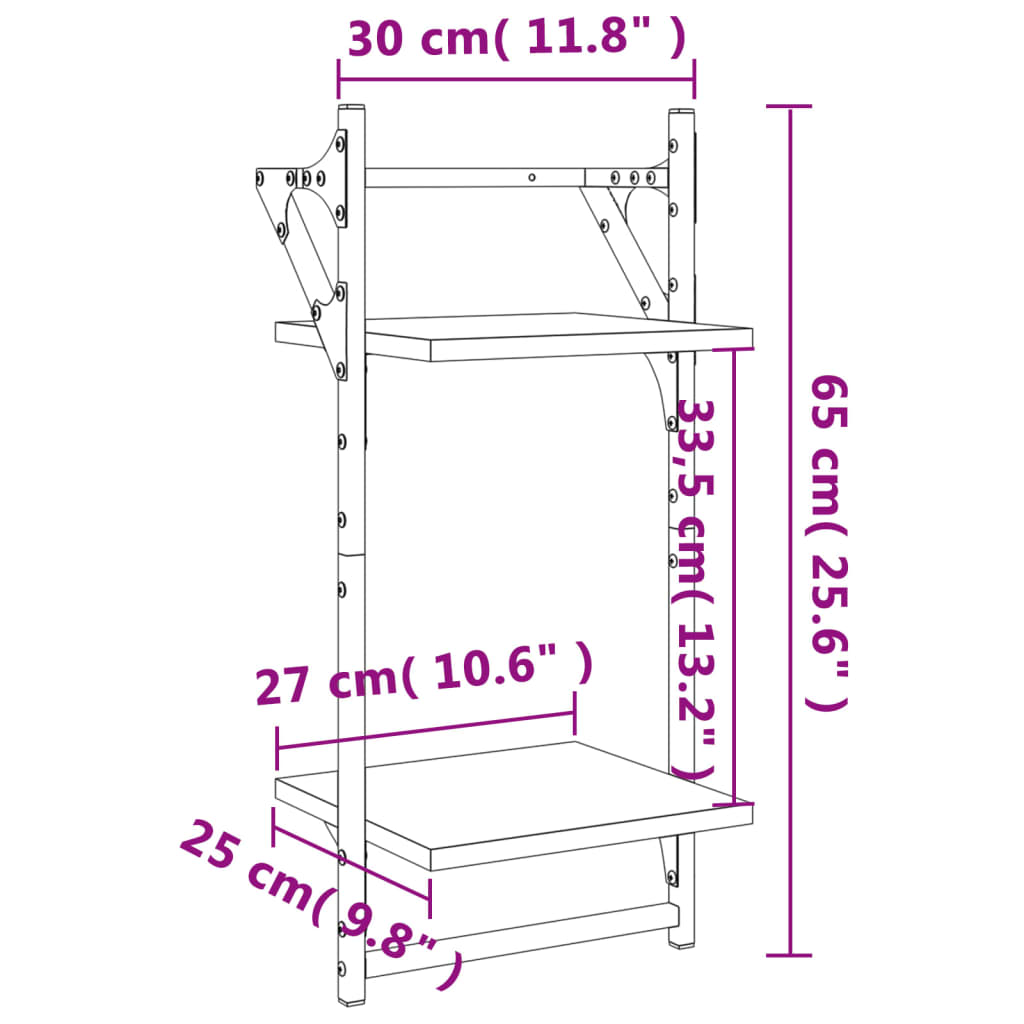 Vegghyller med 2 hyller stenger 2 stk røkt eik 30x25x65 cm