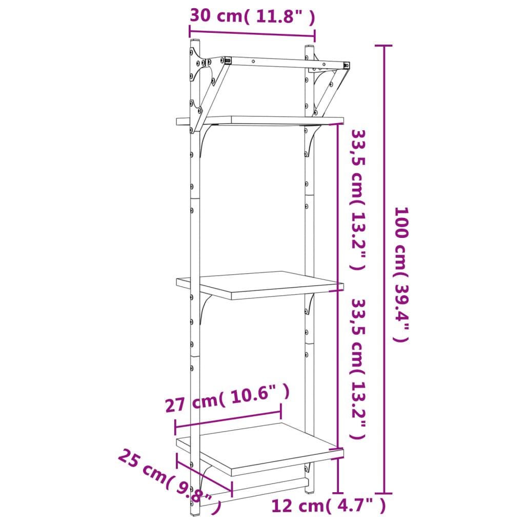 Vegghyller med stenger 2 stk sonoma eik 30x25x100 cm