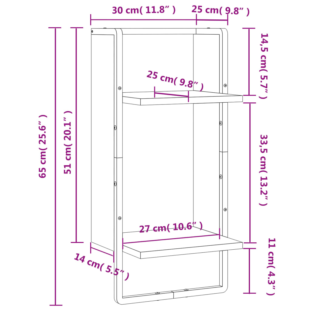 Vegghylle med stang sonoma eik 30x25x65 cm