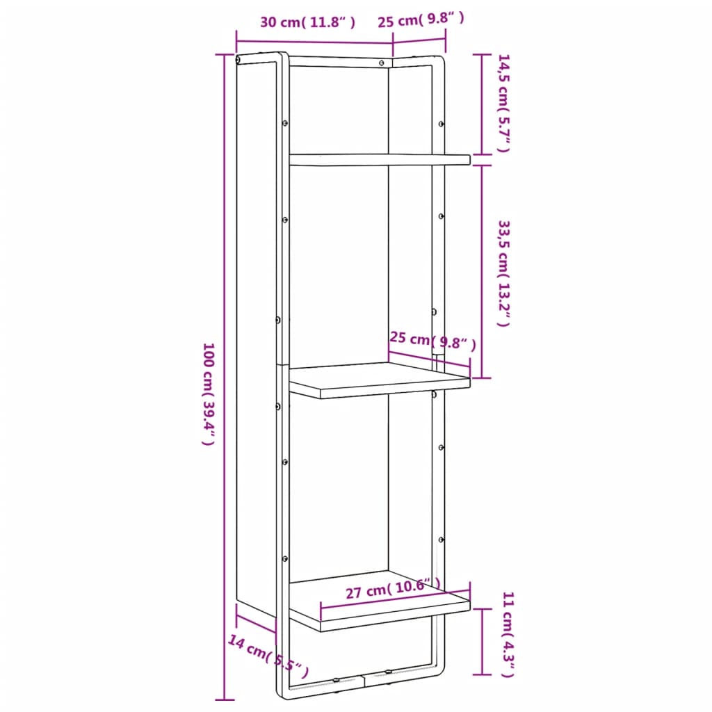 Vegghylle 3 etasjer sonoma eik 30x25x100 cm konstruert tre