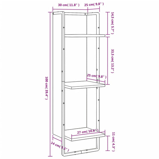 Vegghylle 3 etasjer sonoma eik 30x25x100 cm konstruert tre