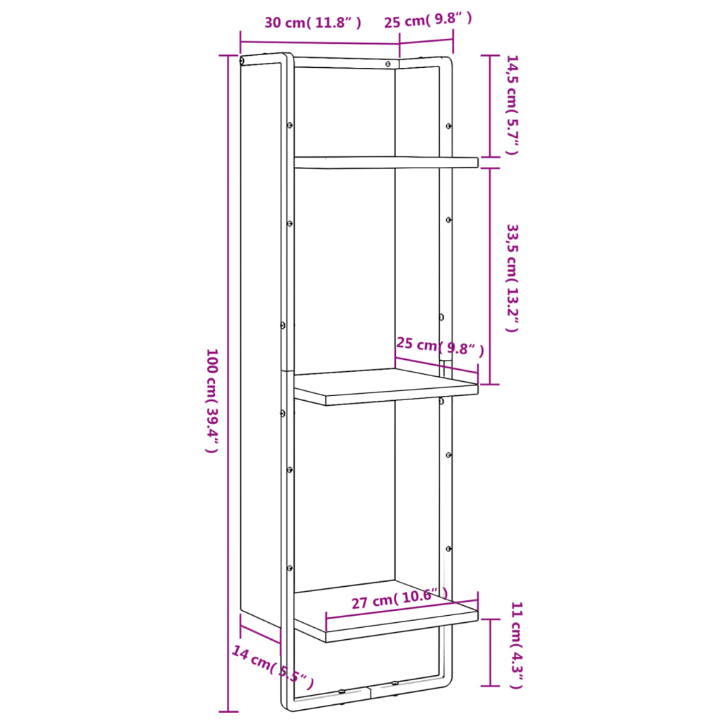 Vegghylle 3 etasjer røkt eik 30x25x100 cm konstruert tre