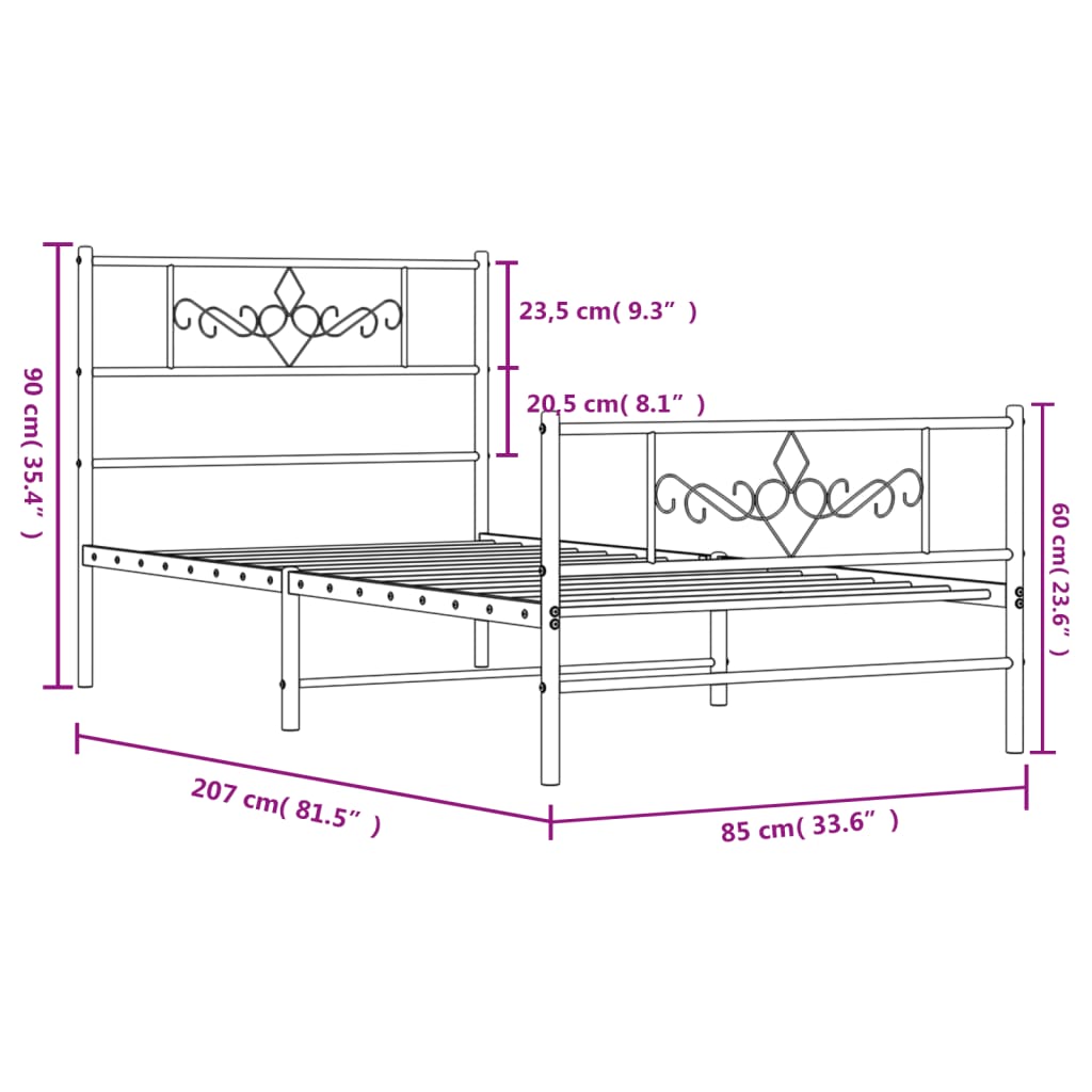 Sengeramme i metall med hode- og fotgavl svart 80x200 cm