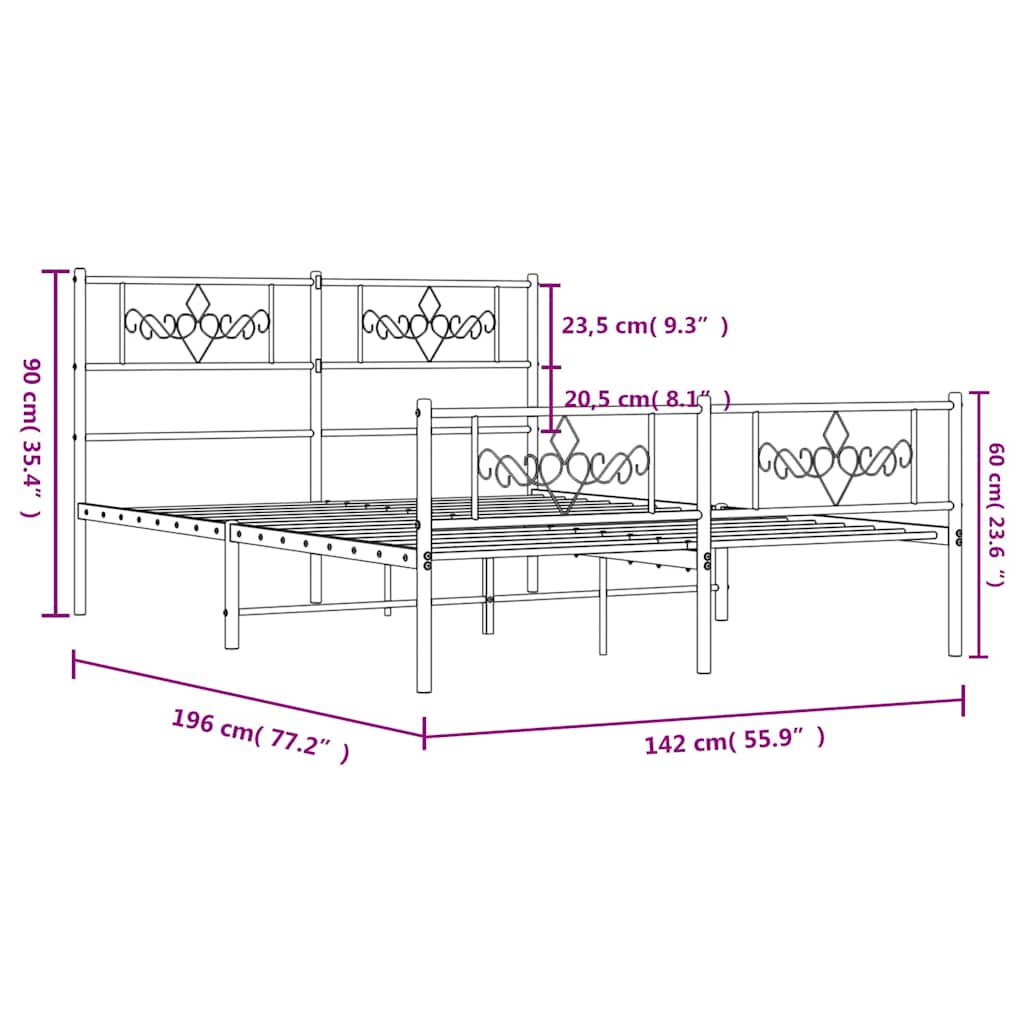 Sengeramme i metall med hode- og fotgavl hvit 135x190 cm