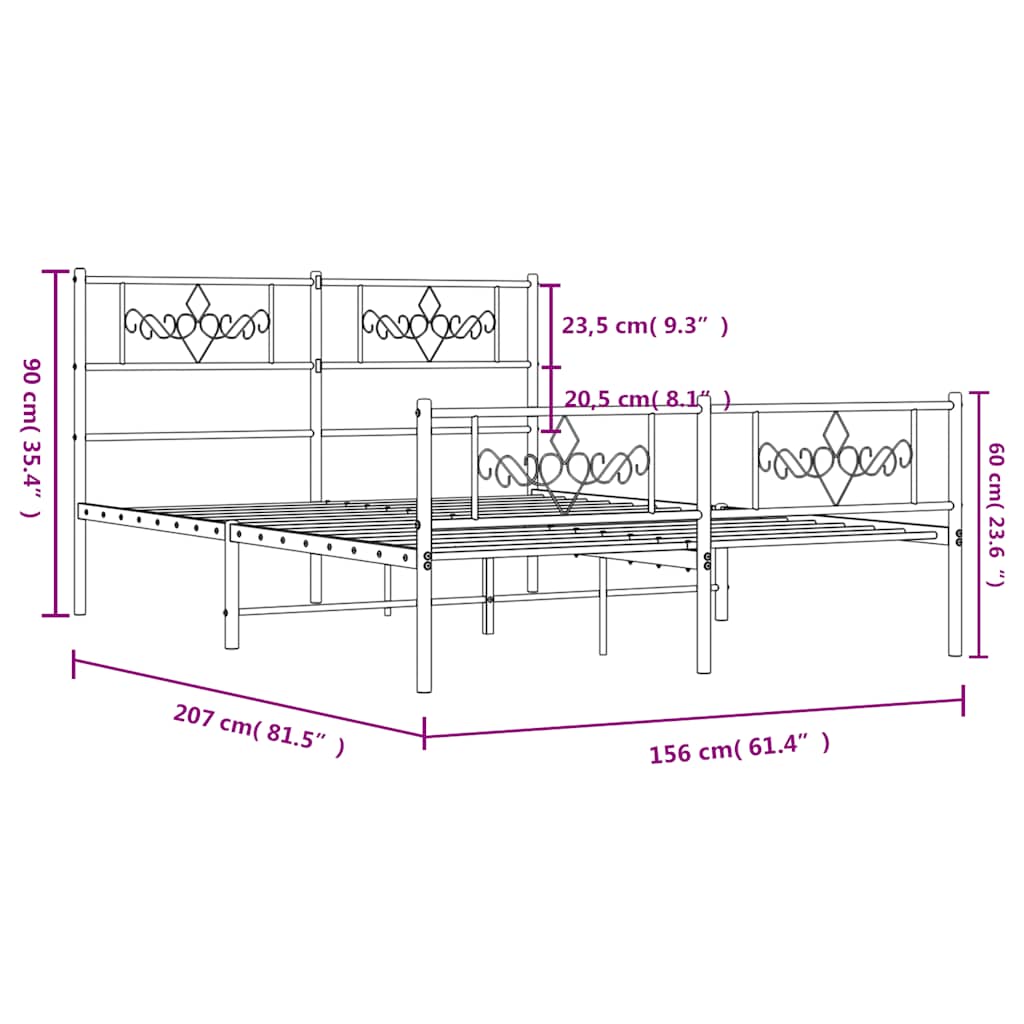 Sengeramme i metall med hode- og fotgavl hvit 150x200 cm