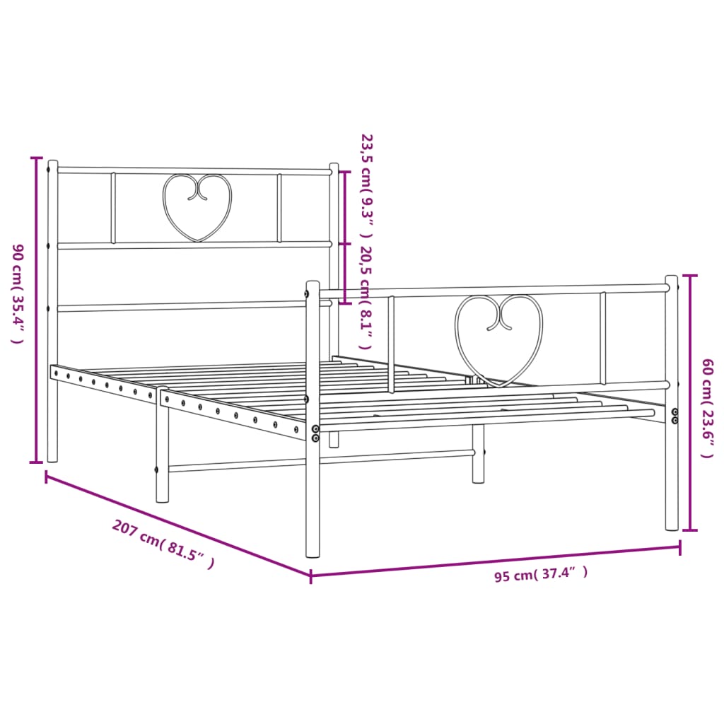 Sengeramme i metall med hode- og fotgavl hvit 90x200 cm