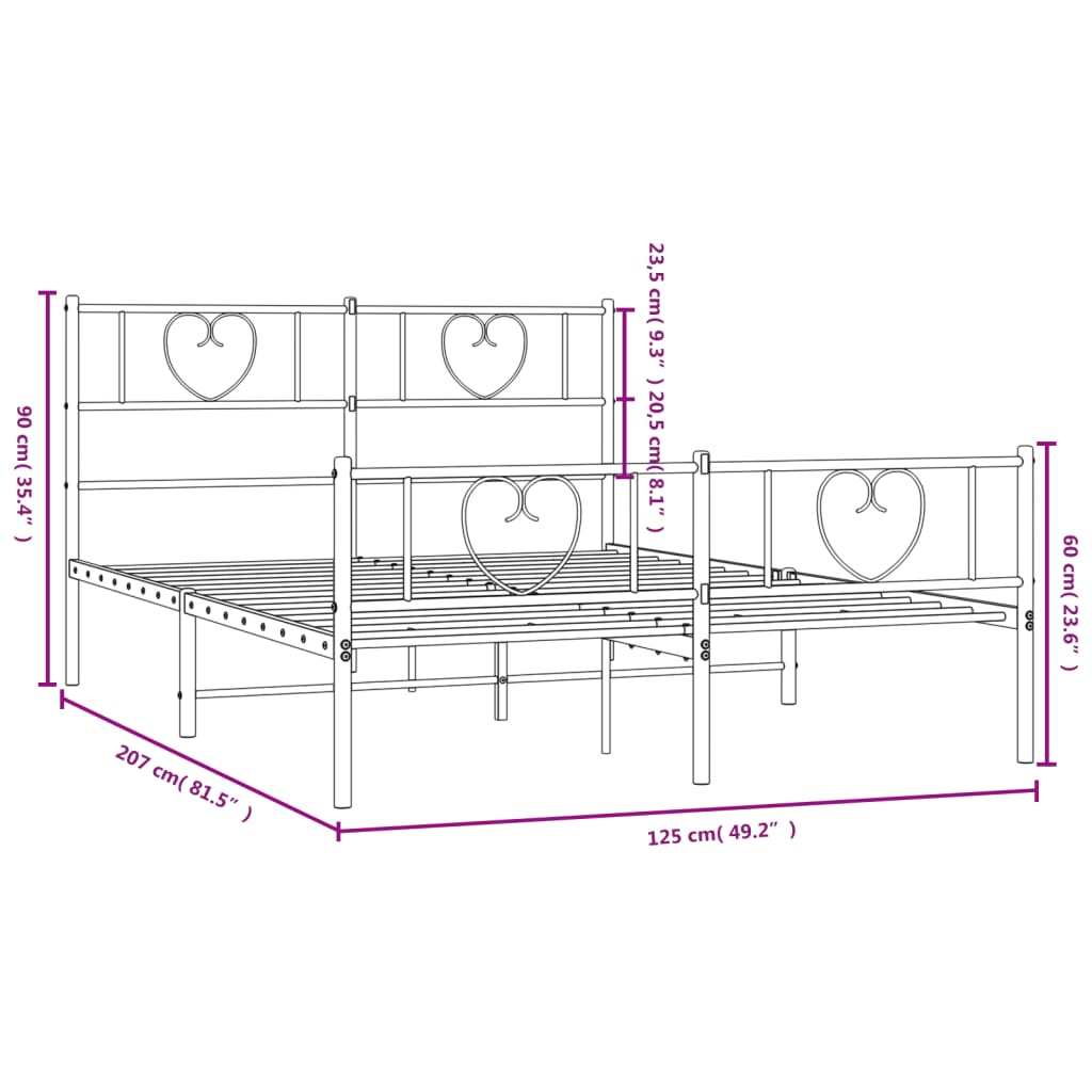 Sengeramme i metall med hode- og fotgavl hvit 120x200 cm vidaXL