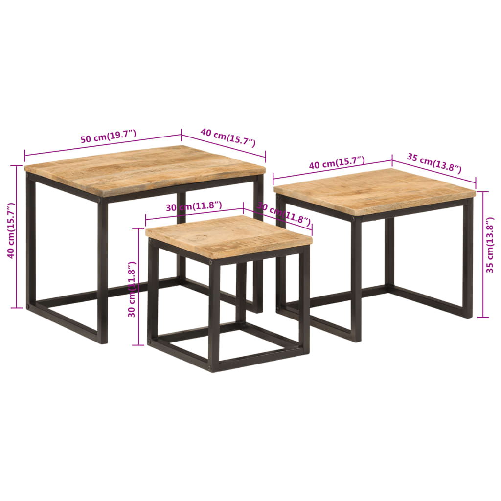 Stablebare salongbord 3 stk heltre mango og jern