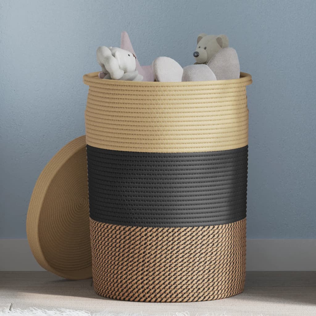 Oppbevaringskurv med lokk svart og beige Ø37x50 cm Bomull