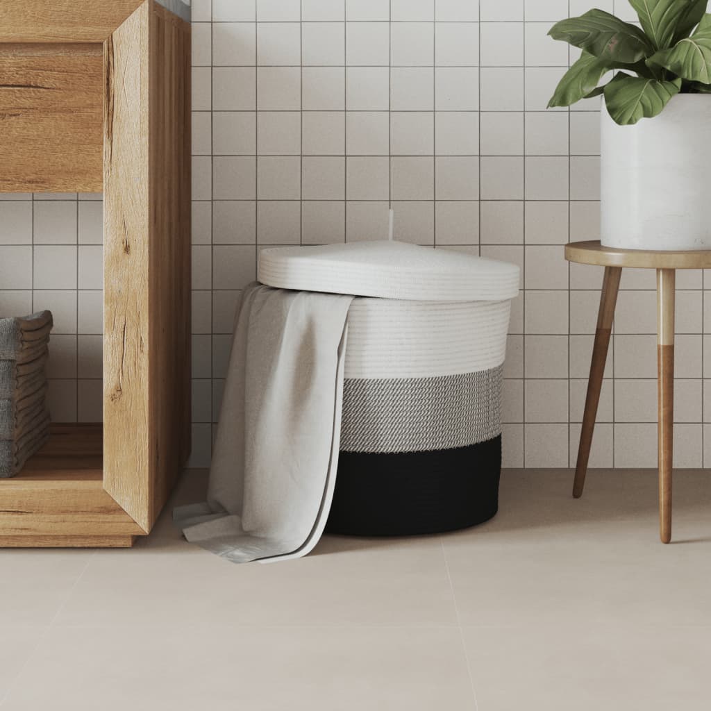 Oppbevaringskurv med lokk hvit og svart Ø40x35 cm bomull
